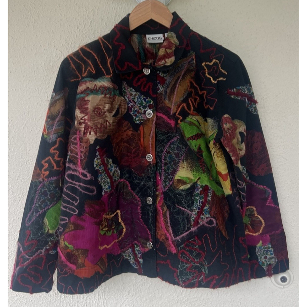 Chico’s Vibrant Embroidered Button Up Jacket Size 1 M Boho Art to Wear Patchwork